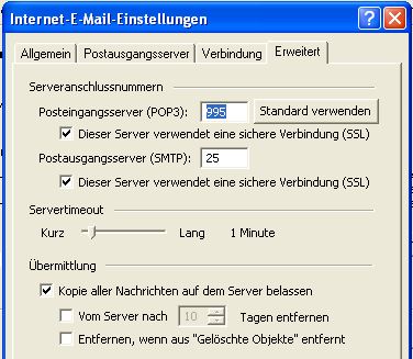 Outlook 2002 POP3, SSL und Ports Einstellung
