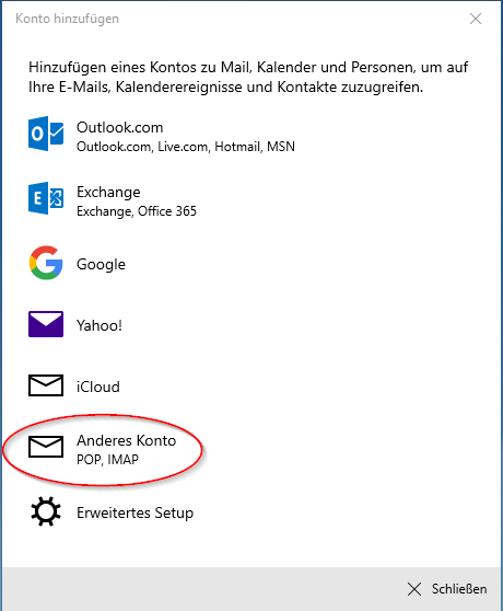 MailApp von Windows 10 - Kontentyp auswählen